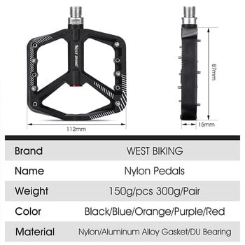 WEST BIKING Εξαιρετικά ελαφριά νάιλον πεντάλ Αντιολισθητικά βουνό MTB BMX Πόδι ποδηλάτου Επίπεδα σφραγισμένα ρουλεμάν Πεντάλ Αξεσουάρ ποδηλασίας