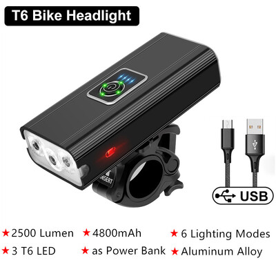 3T6 LED Φως ποδηλάτου εμπρός 4800mAh USB Επαναφορτιζόμενη MTB Λάμπα ποδηλάτου 2500 Lumen Ποδήλατο Φακό Αξεσουάρ ποδηλάτου φακού ποδηλάτου