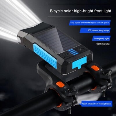 Lumină LED pentru bicicletă, rezistentă la apă, 2-4000 mAh, reîncărcabilă solară, MTB, bicicletă de munte, lampă frontală, lanternă cu sonerie pentru bicicletă 130 db