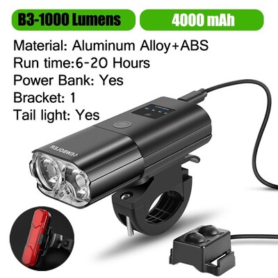 Velosipēda lukturis 1000lūmenu 4000mAh velosipēda priekšējais lukturis Power Bank lukturītis Stūre USB uzlāde MTB šosejas riteņbraukšanas izcēlums