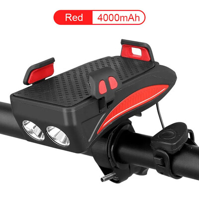 Φωτιστικό ποδηλάτου 4 ΣΕ 1 Led Μπροστινό USB Επαναφορτιζόμενη ηλιακή κόρνα Βάση τηλεφώνου Λάμπα ποδηλάτου 4000mAh Φακός για Φωτιστικό Φανάρι ποδηλάτου