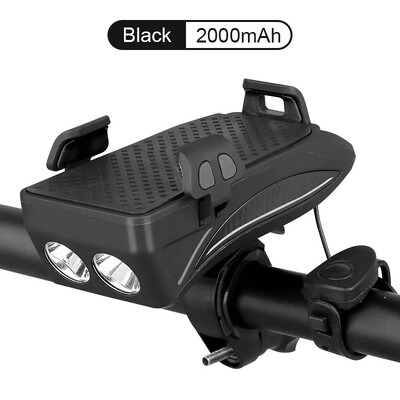 Φωτιστικό ποδηλάτου 4 ΣΕ 1 Led Μπροστινό USB Επαναφορτιζόμενη ηλιακή κόρνα Βάση τηλεφώνου Λάμπα ποδηλάτου 4000mAh Φακός για Φωτιστικό Φανάρι ποδηλάτου