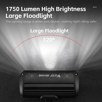 WEST BIKING Φως ποδηλάτου εμπρός 1750Lumen Φως ποδηλάτου 4000mAh IPX4 Αδιάβροχος φακός τύπου C φόρτισης MTB Φωτιστικό ποδηλασίας δρόμου