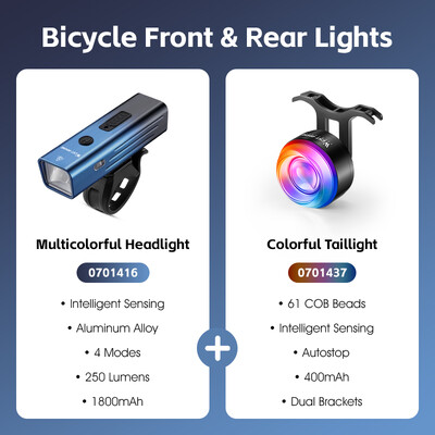 WEST BIKING Μπροστινά και πίσω φώτα ποδηλάτου Πολύχρωμα έξυπνα φώτα προβολείς Αισθητήρας φρένων Πίσω φώτα τύπου C Επαναφορτιζόμενα
