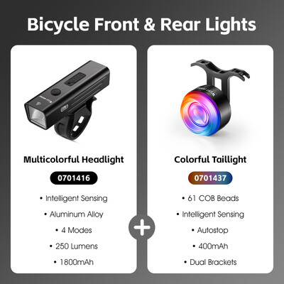 WEST BIKING Μπροστινά και πίσω φώτα ποδηλάτου Πολύχρωμα έξυπνα φώτα προβολείς Αισθητήρας φρένων Πίσω φώτα τύπου C Επαναφορτιζόμενα