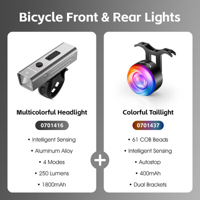 WEST BIKING Μπροστινά και πίσω φώτα ποδηλάτου Πολύχρωμα έξυπνα φώτα προβολείς Αισθητήρας φρένων Πίσω φώτα τύπου C Επαναφορτιζόμενα