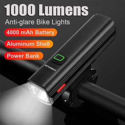 NEWBOLER Lanternă de 1000 lumeni pentru bicicletă, USB, bicicletă, set de lumini față-spate, faruri MTB rezistente la ploaie, 4800 mAh, accesoriu pentru lampă de ciclism