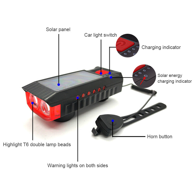 Bicycle Horn 4000mAh Horn Solar Powered Light Bicycle USB Rechargeable Bicycle Headlight Συνδυασμοί εμπρός φωτός & καμπάνα
