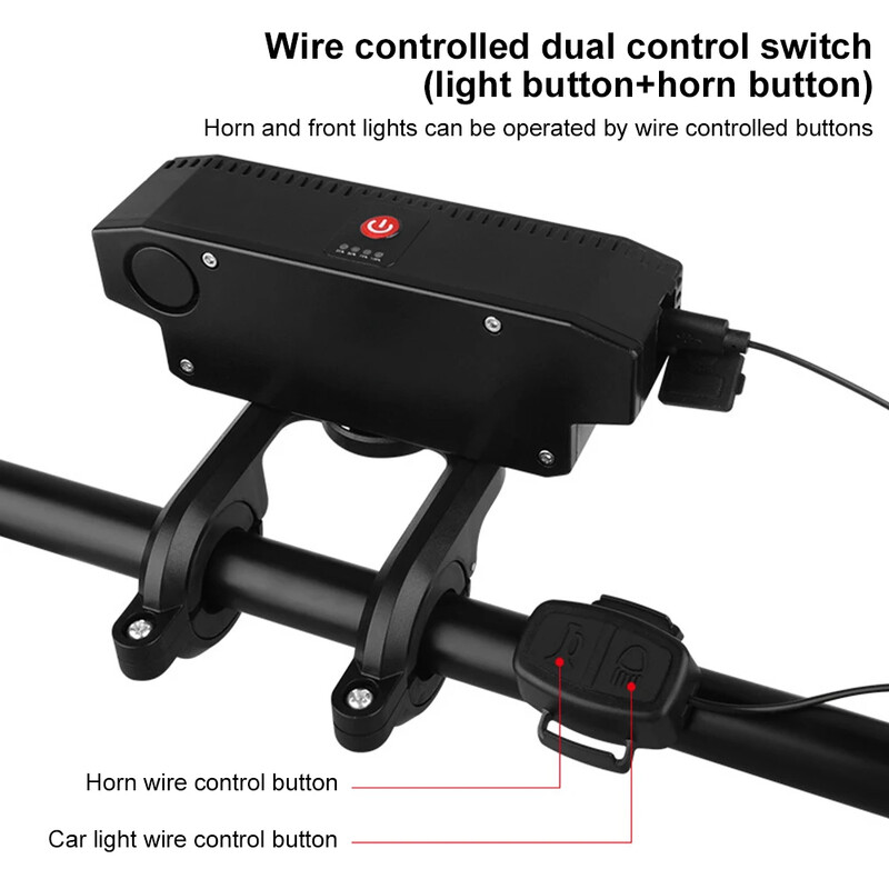 Farul cu LED pentru bicicletă Lumină față pentru bicicletă cu 130DB Bell Lumină de siguranță pentru bicicletă Power Bank 6 moduri de lumină pentru bicicleta de drum de munte