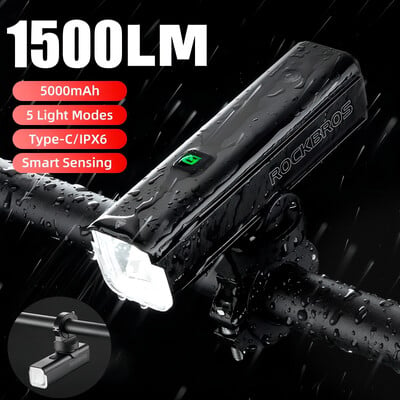 ROCKBROS Lumină pentru bicicletă 1500LM5000mAh Tip-C Lumină pentru bicicletă Controlul temperaturii IPX6 Lumină LED din aluminiu Lampă frontală Far pentru ciclism