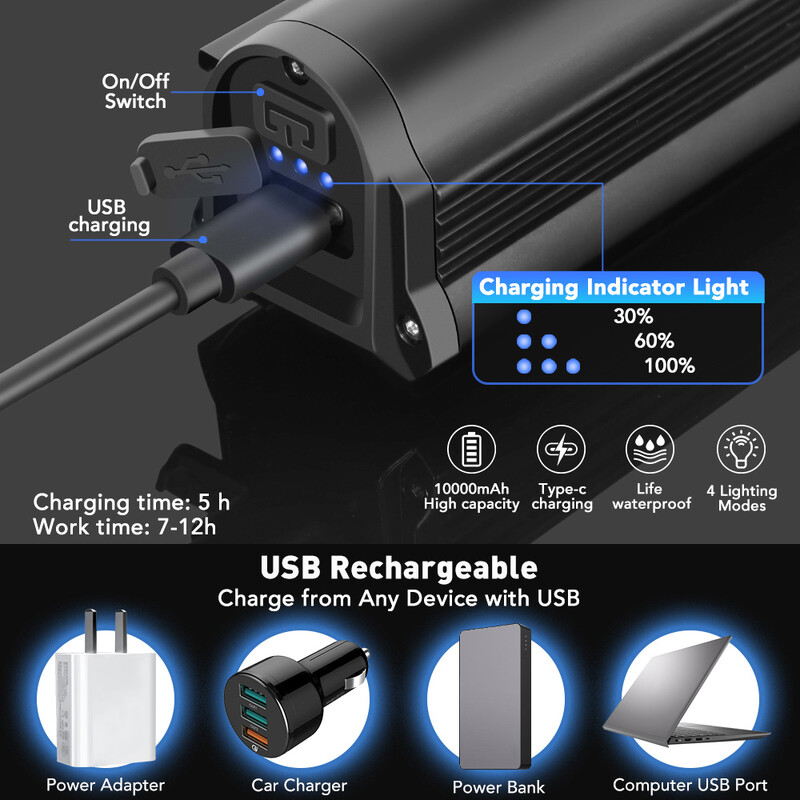 NEWBOLER velosipēda lukturis priekšējais 6000 lūmenu velosipēda lukturis 6600 mAh ūdensnecaurlaidīgs zibspuldzes USB uzlādes MTB šosejas riteņbraukšanas lukturu piederumi