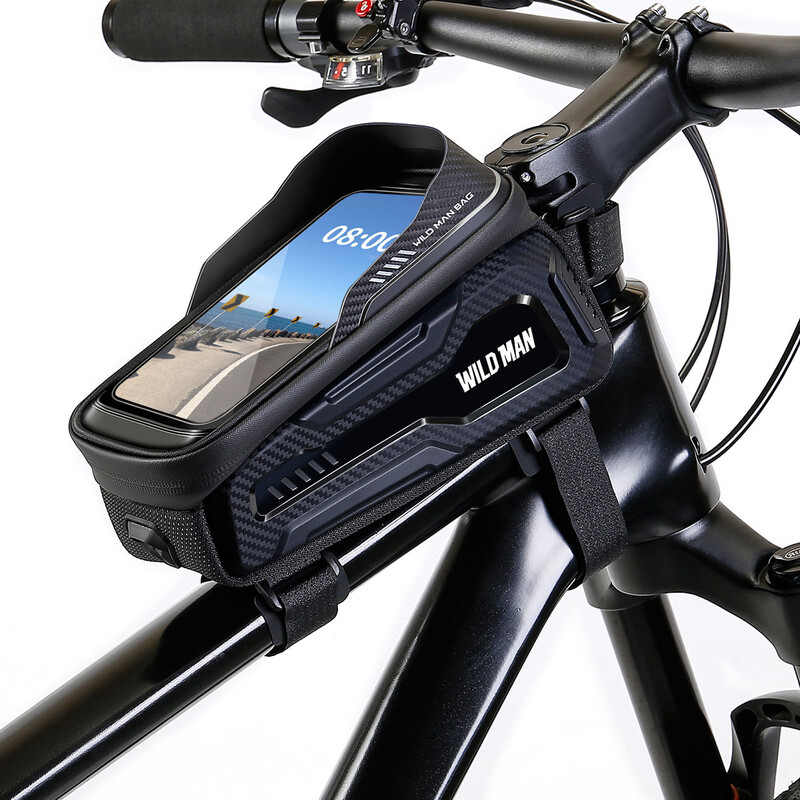 WILD MAN M20 kalnu velosipēda cietā apvalka priekšējā augšējā caurules soma ar skārienekrāna piekļuvi tālrunim, āra riteņbraukšanas aprīkojuma ūdensnecaurlaidīga soma