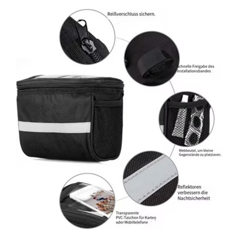 Multifunktsionaalne vastupidav tõmblukuga kott jalgratta juhtraua jaoks koos telefonihoidikuga Veekindel suure mahutavusega kott kokkupandud maastikuratta jaoks