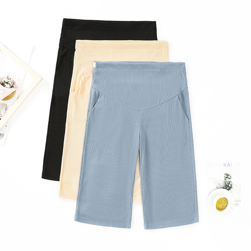 Καλοκαιρινό λεπτό παντελόνι εγκυμοσύνης μονόχρωμο μονόχρωμο πλατύ πόδι Ice μεταξωτό παντελόνι μόδας ψηλόμεσο παντελόνι εγκυμοσύνης Stretch Cropped