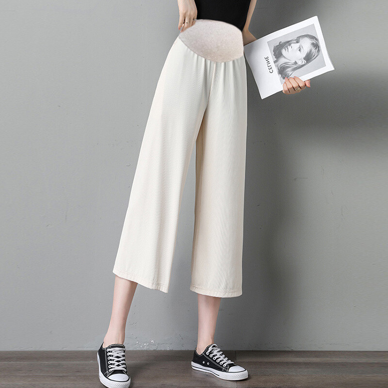 Καλοκαιρινό λεπτό παντελόνι εγκυμοσύνης μονόχρωμο μονόχρωμο πλατύ πόδι Ice μεταξωτό παντελόνι μόδας ψηλόμεσο παντελόνι εγκυμοσύνης Stretch Cropped