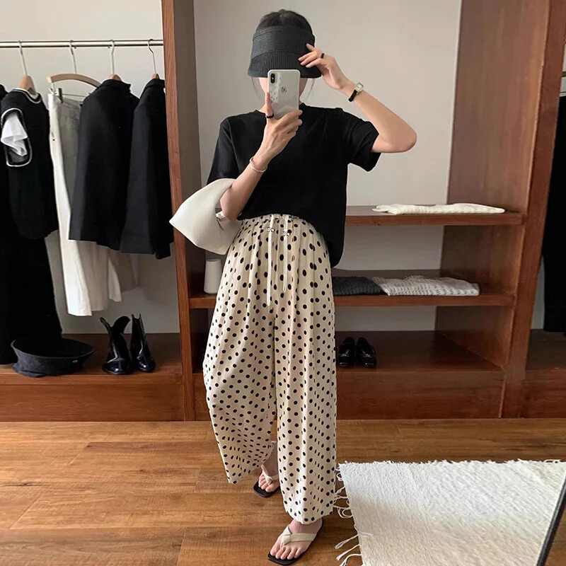 Καλοκαίρι 2024 Loose-fit παντελόνι καμπάνα από βαμβακερό λινό εμπριμέ Petite Milkmaid Παντελόνι Έγκυες γυναίκες Παντελόνι χωρίς κορδόνι