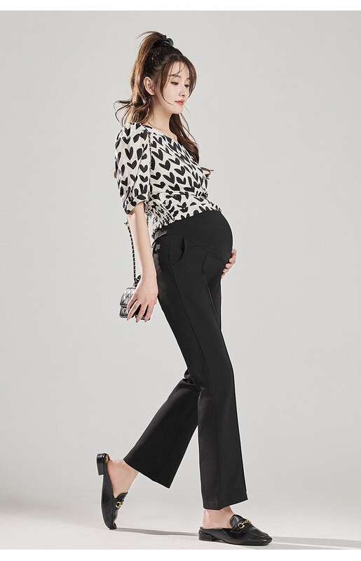 Pantaloni ocazional pentru femeie însărcinată de vară, cu dungi mijlocii, cu talie înaltă, pantaloni de maternitate cu burtă, lungi, largi, tăiat cu cizme de sarcină