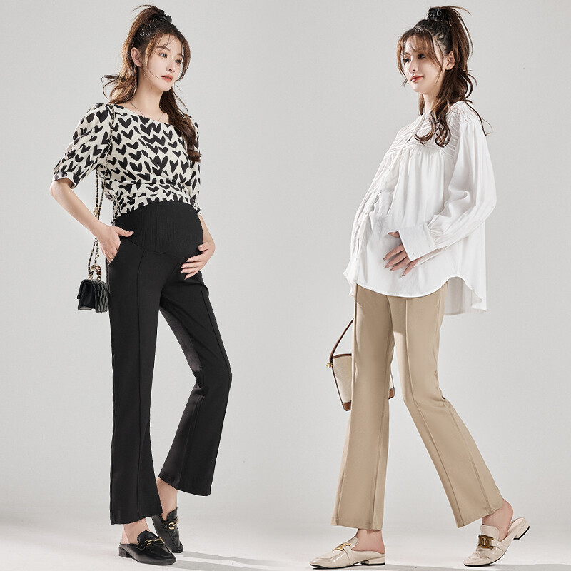 Pantaloni ocazional pentru femeie însărcinată de vară, cu dungi mijlocii, cu talie înaltă, pantaloni de maternitate cu burtă, lungi, largi, tăiat cu cizme de sarcină