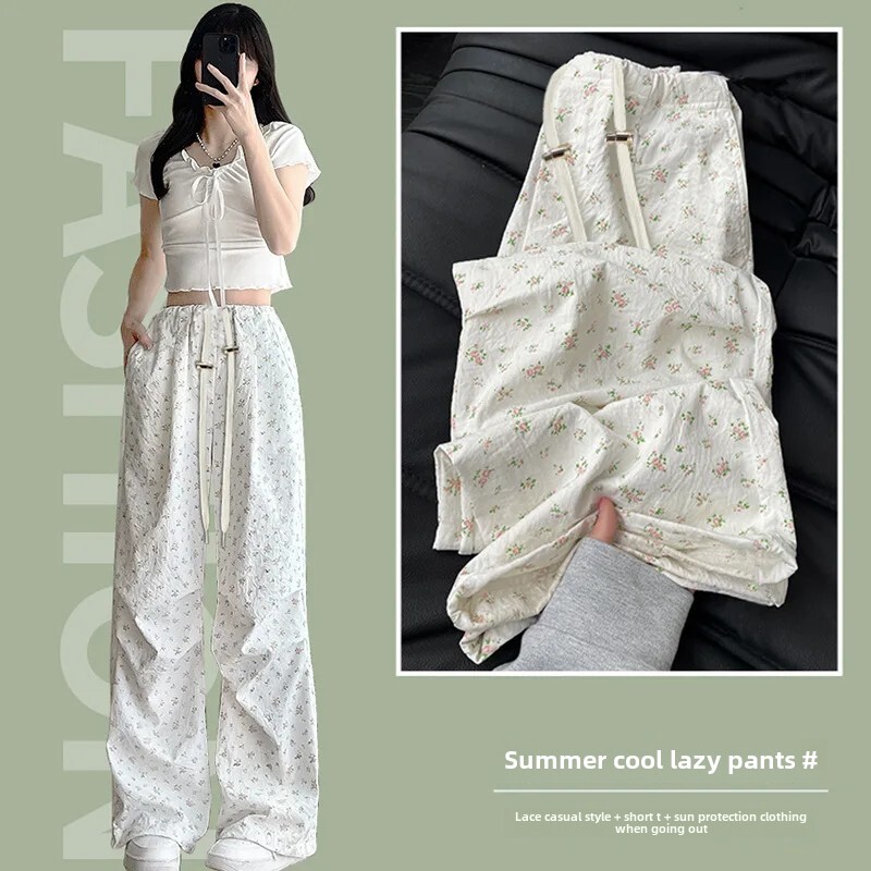 Ψηλόμεσο χαλαρό παντελόνι για έγκυες, καλοκαιρινές λεπτές λευκές φούτερ σε αμερικανικό στυλ