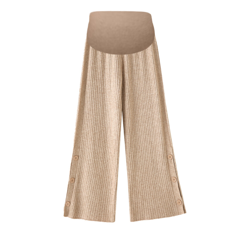 Pantaloni de lână de maternitate în stil japonez de primăvară 2024 Pantaloni drepți pentru femeie însărcinată cu nasturi despărțiți laterali Pantaloni tricotati pentru sarcină
