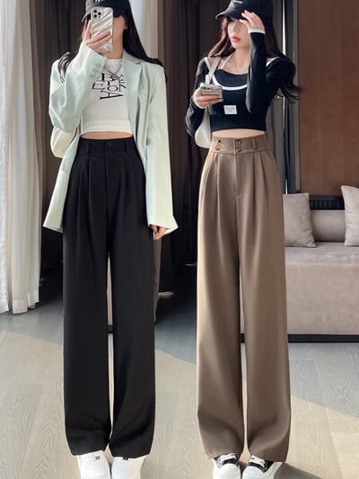 Pantaloni eleganti de costum pentru femei cu talie înaltă, drepți, negri, coreeani, pentru dama, pantaloni de modă, cu nasturi, pantaloni largi de primăvară pentru femei, noi