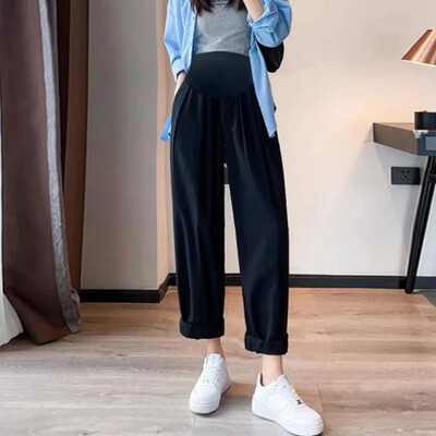 Hlače za trudnice Proljetno-jesenski stil Labavi kroj širokih nogavica Gornja odjeća od pamučnog lana Ležerne sitne hlače s devet točaka za trudnice