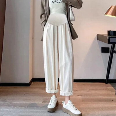 Hlače za trudnice Proljetno-jesenski stil Labavi kroj širokih nogavica Gornja odjeća od pamučnog lana Ležerne sitne hlače s devet točaka za trudnice