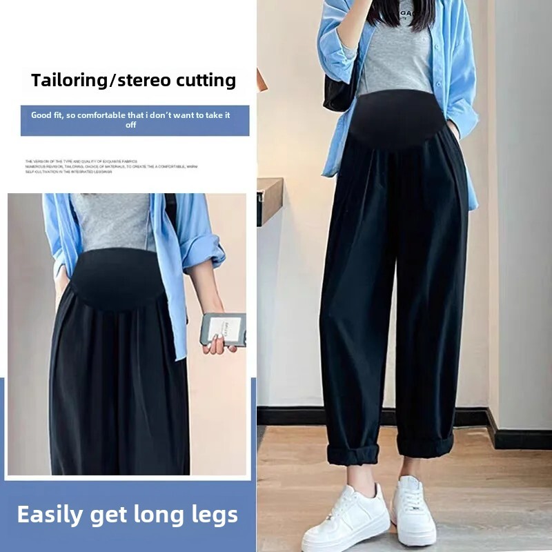 Hlače za trudnice Proljetno-jesenski stil Labavi kroj širokih nogavica Gornja odjeća od pamučnog lana Ležerne sitne hlače s devet točaka za trudnice