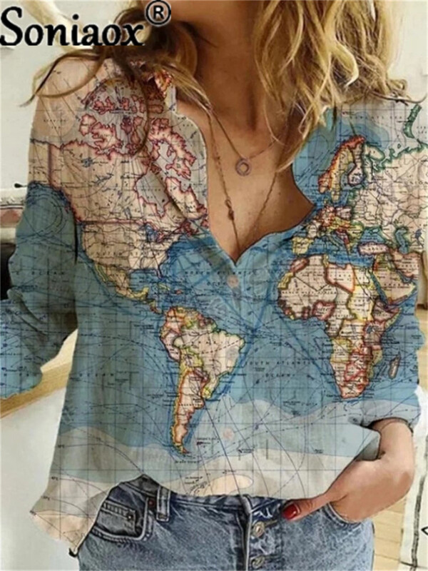 Harajuku blúzok Női ing hajtóka gombos ing Világtérkép Nyomtatás Hosszú ujjú, laza alkalmi felsők Nyári nagy méretű ruházat 2021