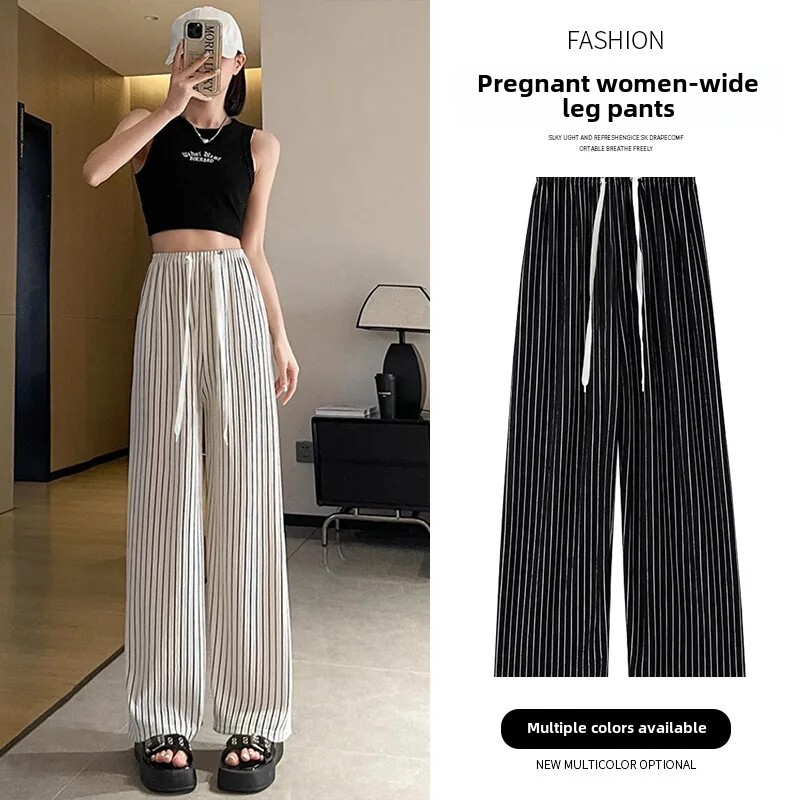 Grūtnieču bikses Vasaras plānas Virsdrēbes Savelkamās Ledus zīda Bikses Drapētas Modes Svītrainas Platas Bikses Taisnas kājas