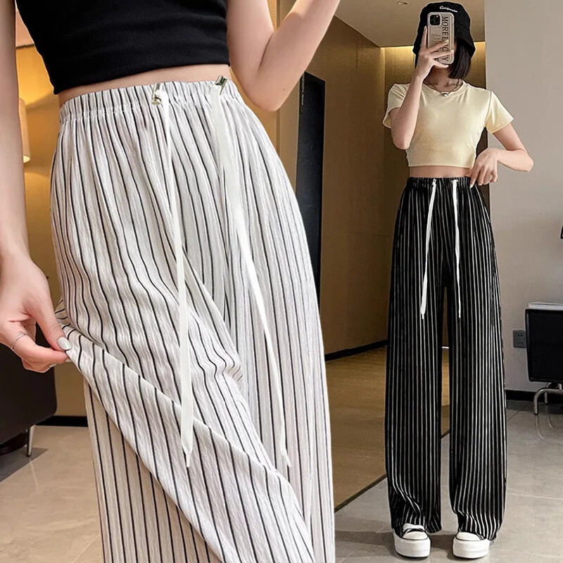 Grūtnieču bikses Vasaras plānas Virsdrēbes Savelkamās Ledus zīda Bikses Drapētas Modes Svītrainas Platas Bikses Taisnas kājas