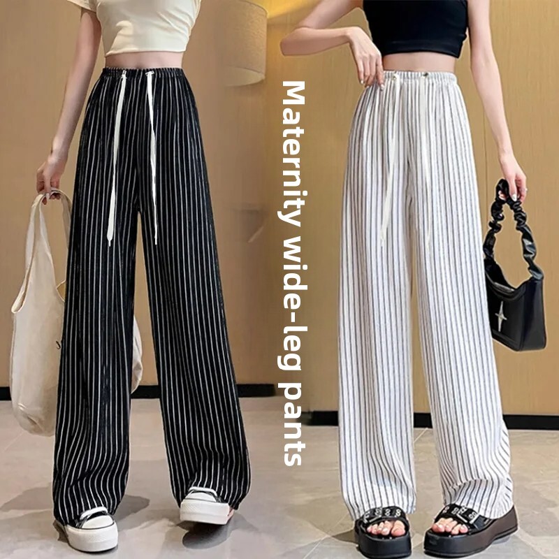 Grūtnieču bikses Vasaras plānas Virsdrēbes Savelkamās Ledus zīda Bikses Drapētas Modes Svītrainas Platas Bikses Taisnas kājas