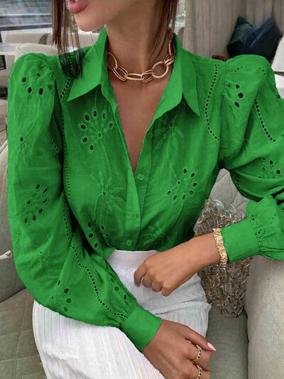 Γυναικείο Φθινόπωρο και Χειμώνας Νέα Μόδα Casual Πουκάμισο με μονόχρωμο μονόχρωμο κεντημένο με σπασμένη τρύπα μακρυμάνικο πέτο