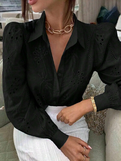 Γυναικείο Φθινόπωρο και Χειμώνας Νέα Μόδα Casual Πουκάμισο με μονόχρωμο μονόχρωμο κεντημένο με σπασμένη τρύπα μακρυμάνικο πέτο