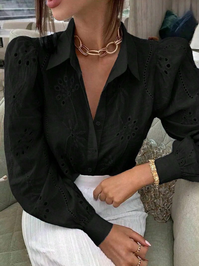 Γυναικείο Φθινόπωρο και Χειμώνας Νέα Μόδα Casual Πουκάμισο με μονόχρωμο μονόχρωμο κεντημένο με σπασμένη τρύπα μακρυμάνικο πέτο