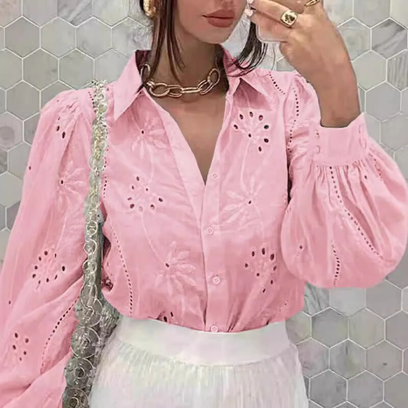 Γυναικείο Φθινόπωρο και Χειμώνας Νέα Μόδα Casual Πουκάμισο με μονόχρωμο μονόχρωμο κεντημένο με σπασμένη τρύπα μακρυμάνικο πέτο