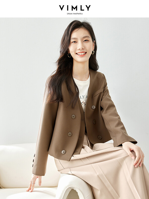 VIMLY Elegantni skraćeni sako s V-izrezom za žene, proljeće 2024., kratke jakne s dvostrukim kopčanjem, ravnog kroja, gornja odjeća dugih rukava M3275