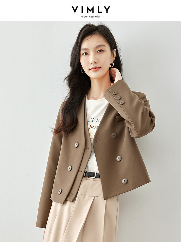 VIMLY Elegantni skraćeni sako s V-izrezom za žene, proljeće 2024., kratke jakne s dvostrukim kopčanjem, ravnog kroja, gornja odjeća dugih rukava M3275