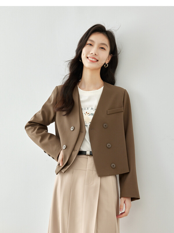 VIMLY Elegantni skraćeni sako s V-izrezom za žene, proljeće 2024., kratke jakne s dvostrukim kopčanjem, ravnog kroja, gornja odjeća dugih rukava M3275