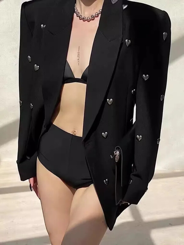 Primăvară Toamnă Nouă Jachetă de costum neagră pentru industria grea cu diamante incrustate pentru femei, cu design high-end Sense Minority Street Blazer E14