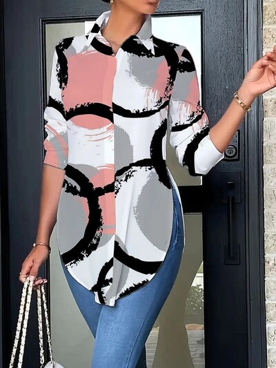 Μοδικό μακρυμάνικο γυναικείο πουκάμισο Λευκά κουμπιά μπλούζες και μπλούζες 2024 Άνοιξη casual γραφείο μακριά μπλούζα με στάμπα μπλούζα