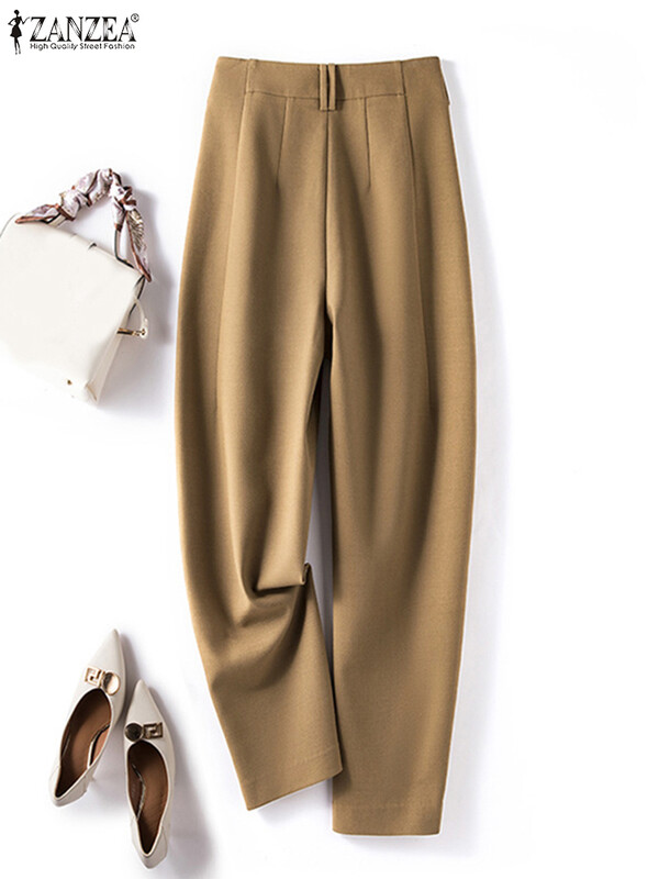 ZANZEA Pantaloni eleganti de culoare solidă pentru femei 2024, la modă, la birou, cu buzunare, pantaloni lungi, primăvară, vară, ocazional, pantaloni drepti de zi cu zi