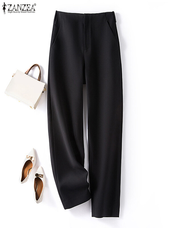 ZANZEA Pantaloni eleganti de culoare solidă pentru femei 2024, la modă, la birou, cu buzunare, pantaloni lungi, primăvară, vară, ocazional, pantaloni drepti de zi cu zi