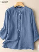 ZANZEA 2023, toamnă, vară, bluze, cămăși casual pentru femei, culoare uni, mâneci 3/4, nasturi, bluze, bumbac, in, top uni, tunică casual