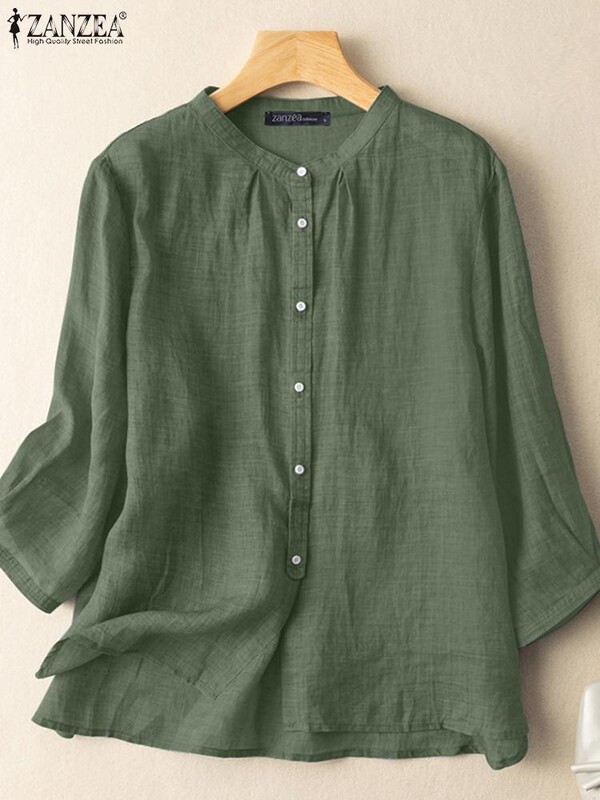 ZANZEA 2023, toamnă, vară, bluze, cămăși casual pentru femei, culoare uni, mâneci 3/4, nasturi, bluze, bumbac, in, top uni, tunică casual
