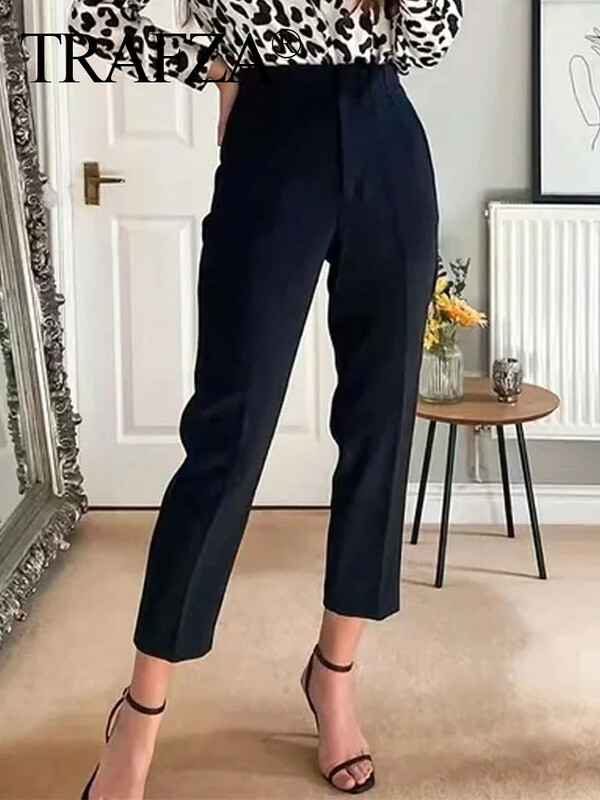 TRAFZA 2024 Ženske jednobojne hlače visokog struka, uske duge hlače s patentnim zatvaračem Ženske divlje uredske dame za posao i posao Ženske pencil hlače Street