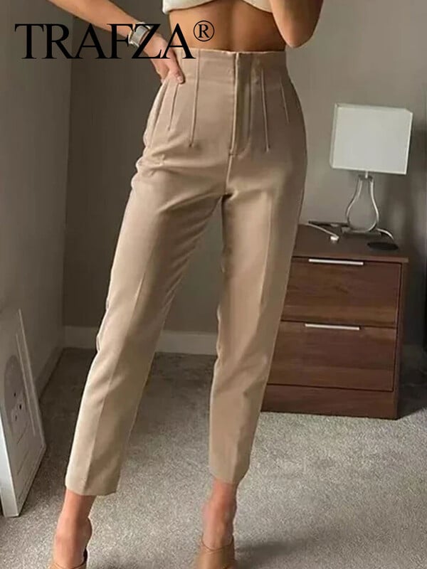 TRAFZA 2024 Ženske jednobojne hlače visokog struka, uske duge hlače s patentnim zatvaračem Ženske divlje uredske dame za posao i posao Ženske pencil hlače Street
