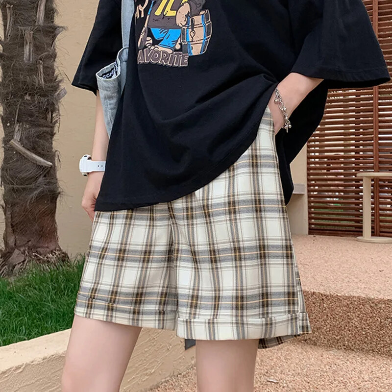 Pantaloni scurți de maternitate Ocazional largi în carouri Îmbrăcăminte exterioară de cinci minute Moda de vară Pantaloni scurți cu talie mijlocie pentru femei însărcinate