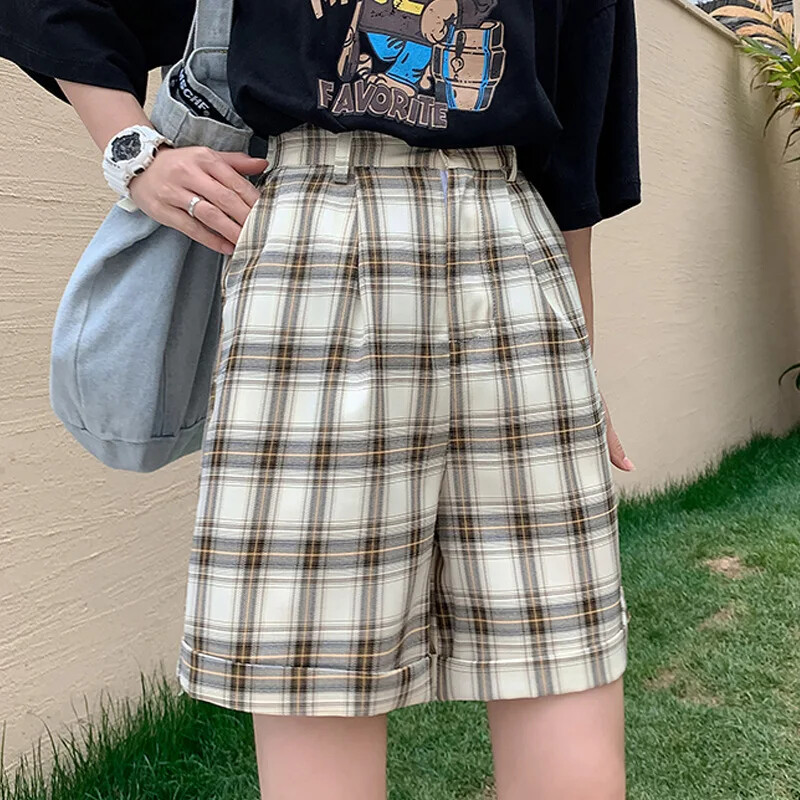 Pantaloni scurți de maternitate Ocazional largi în carouri Îmbrăcăminte exterioară de cinci minute Moda de vară Pantaloni scurți cu talie mijlocie pentru femei însărcinate
