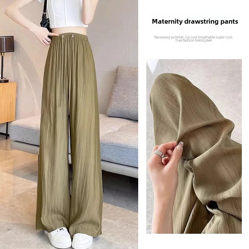 Grūtnieču vasaras virsdrēbes, kokvilnas lina bikses 2024. gada jauna stila saules aizsardzības ledus zīda zvana apakšas grūtnieču bikses